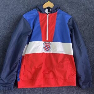 K-Swiss Jacket Mens Small Blue Red White Hooded 1/2 Zip Windbreaker Colorblock